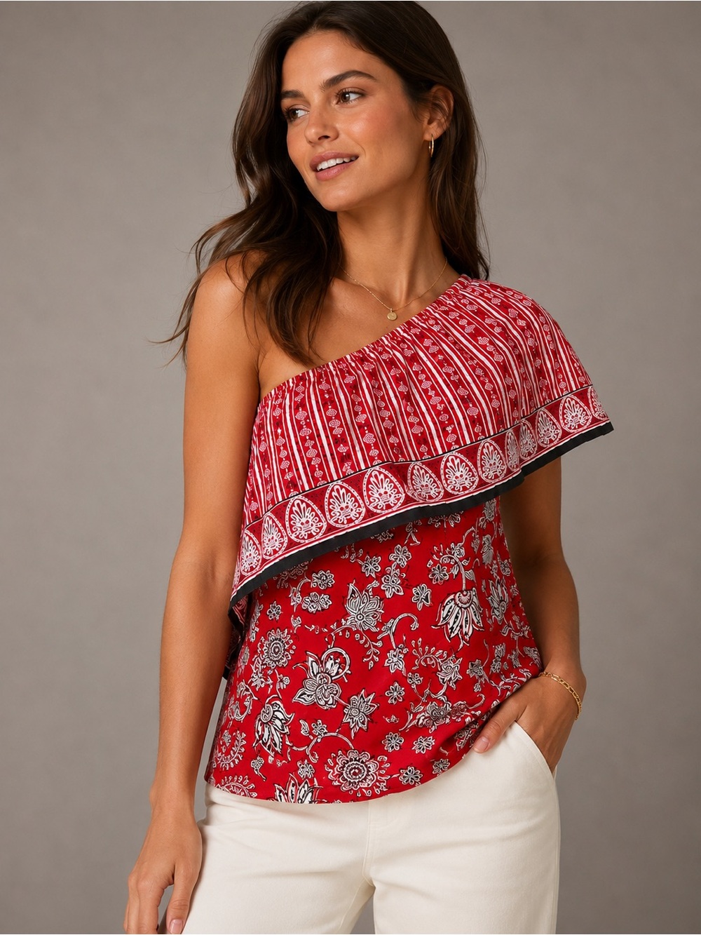 Lauren Ralph Lauren Boho One Shoulder Ruffle Floral Top Red Women’s S